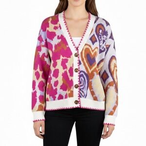 Avara Womens Size Medium Colorful Knit Heart Print Scallop Trim Cardigan Sweater